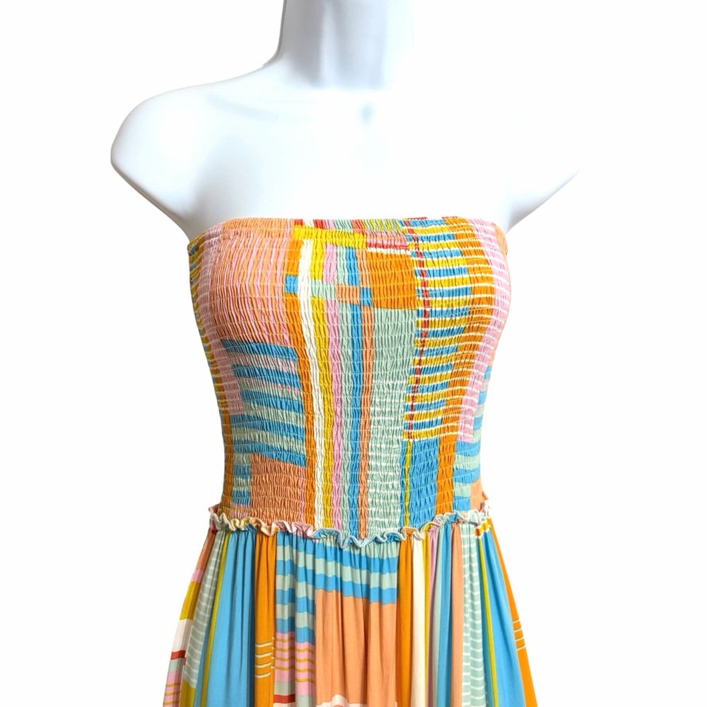 Abel the Label Boho Patchwork Tiered Maxi Dress XS Multicolor Smocked Strapless - Picture 2 of 7